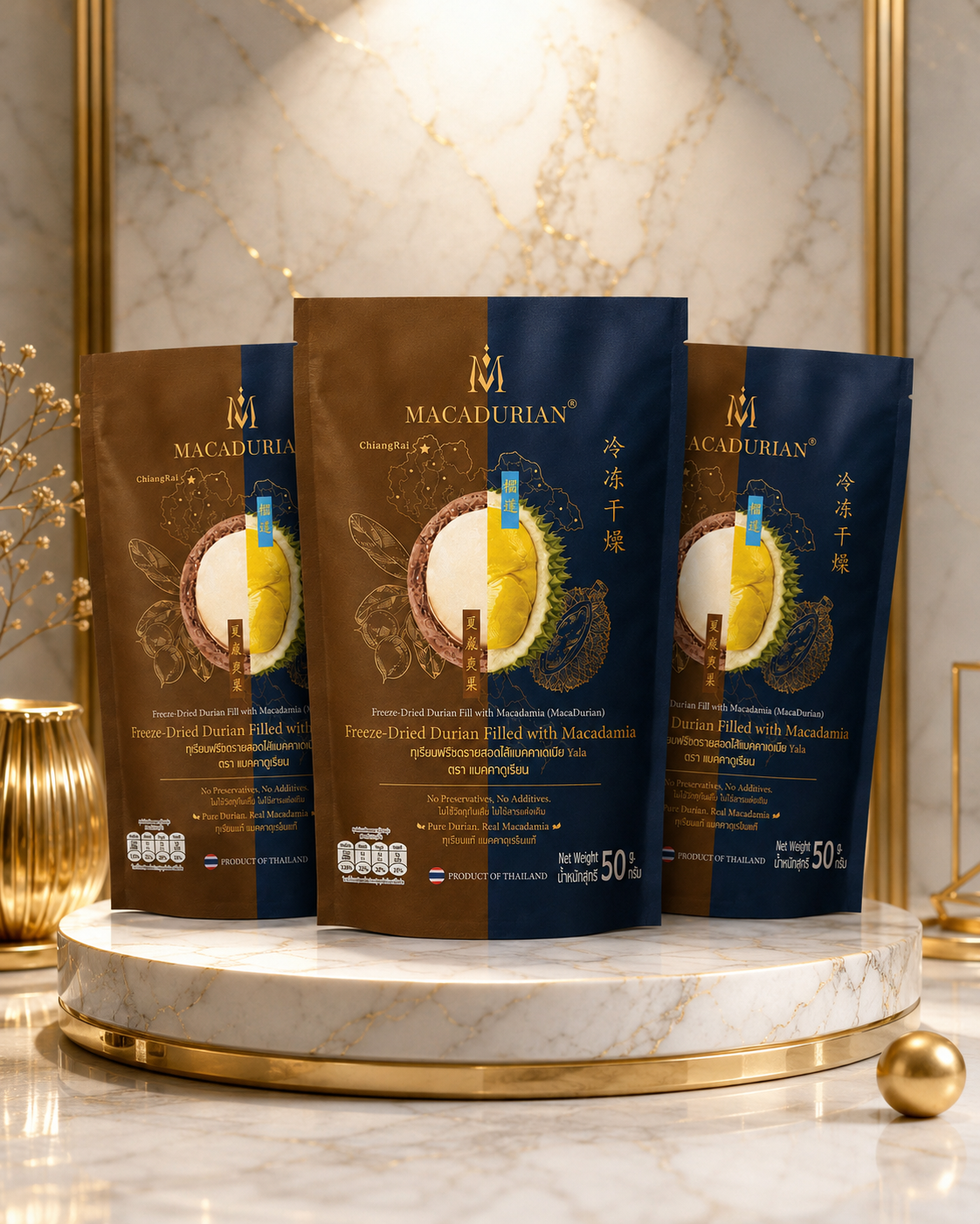 MacaDurian premium freeze-dried Yala durian filled with Chiang Rai macadamia — three 50g pouches on marble display